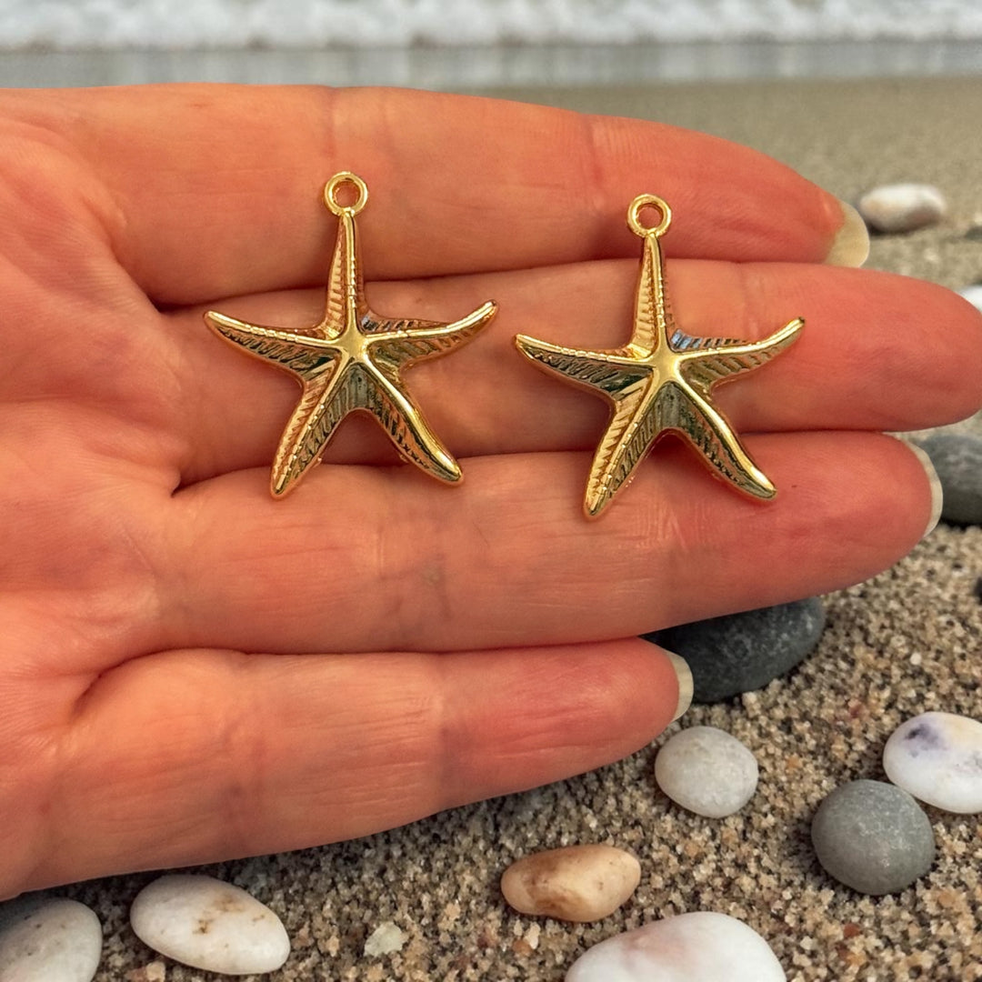 24Kt Gold Plated Starfish Charms, Large Nautical Pendants, Earring Pair