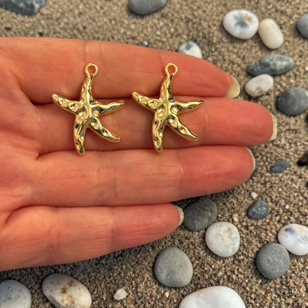 24Kt Gold Plated Starfish Charms, Organic Nautical Pendants, Earring Pair