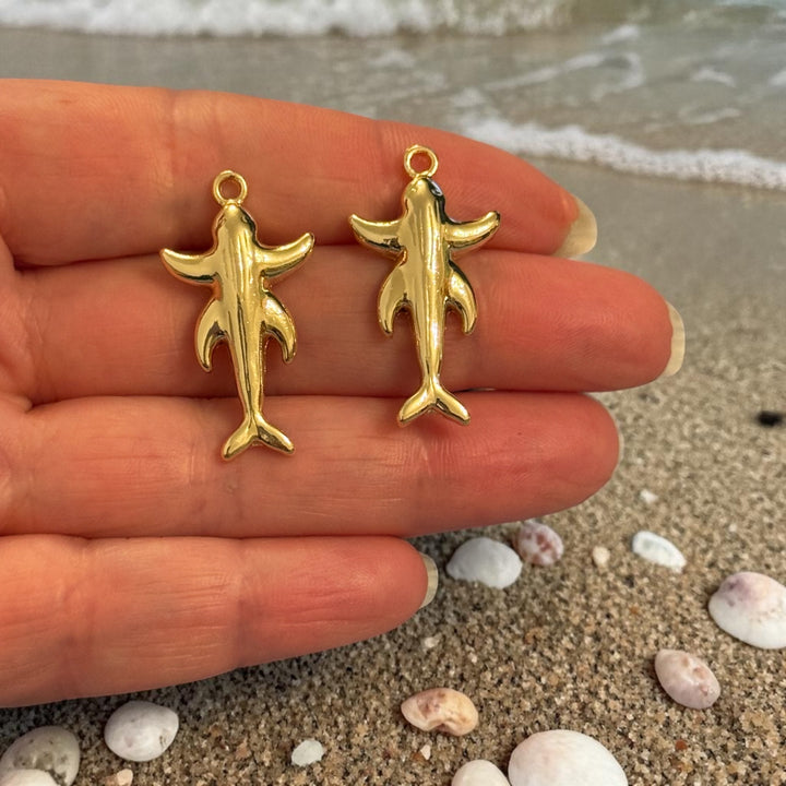 24Kt Gold Plated Shark Charms, Nautical Ocean Pendants, Earring Pair