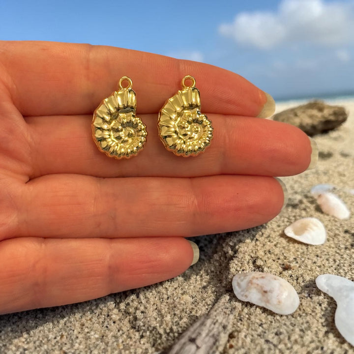 24Kt Gold Plated 3D Spiral Shell Charms, Nautical Fossil Pendants, Earring Pair