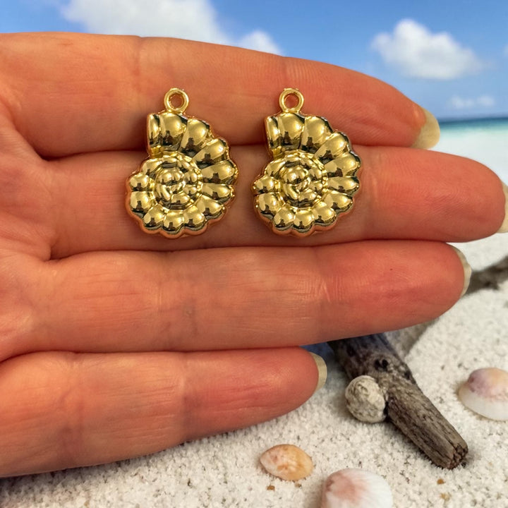 24Kt Gold Plated Spiral Shell Charms, Nautical Fossil Pendants, Earring Pair