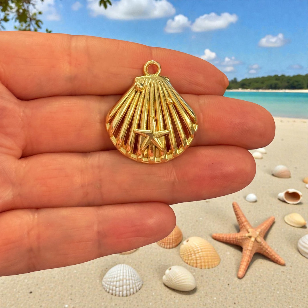 24Kt Gold Plated Scallop Shell with Starfish Pendant, Nautical Open Shell Charm