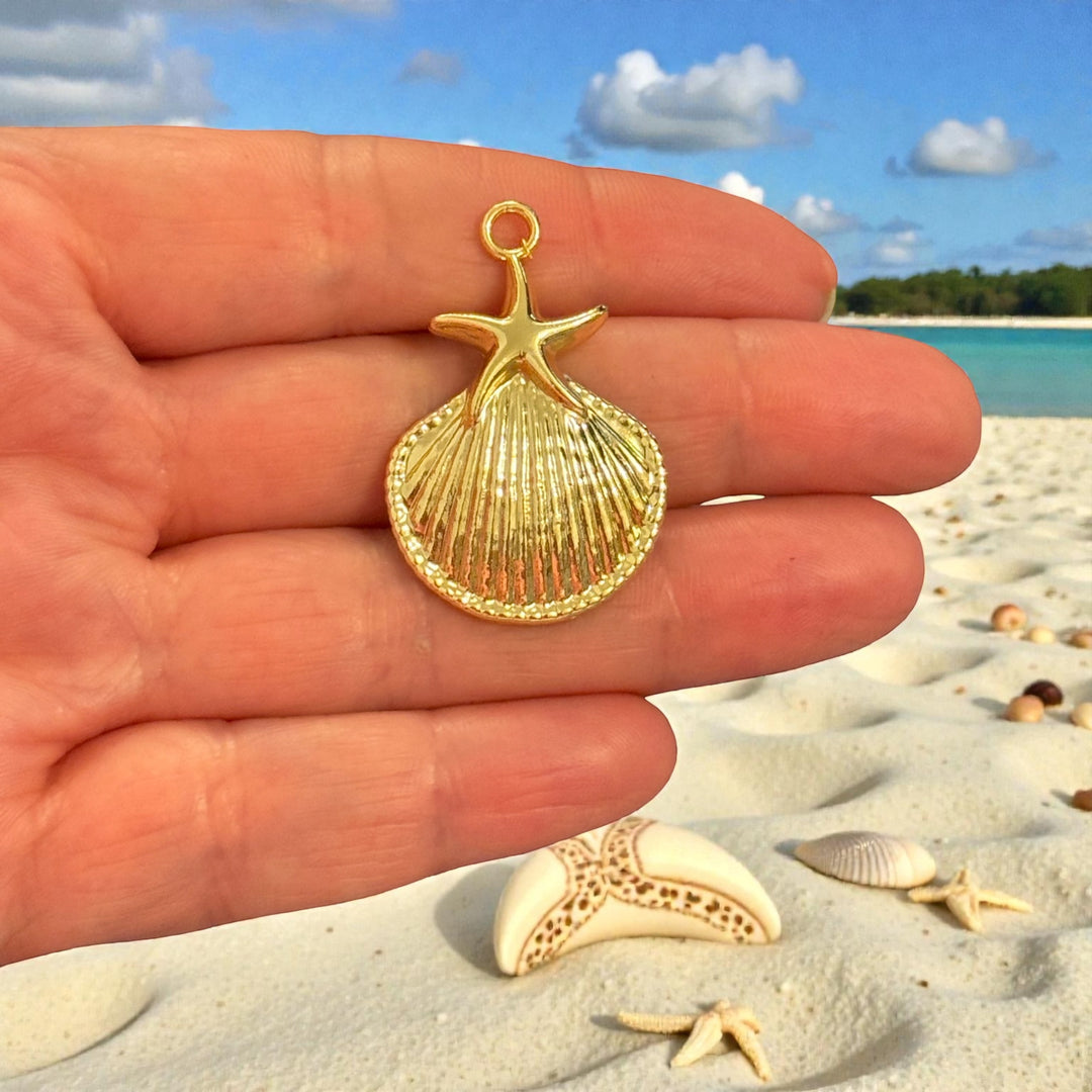 24Kt Gold Plated Scallop Shell with Starfish Pendant, Nautical Statement Charm