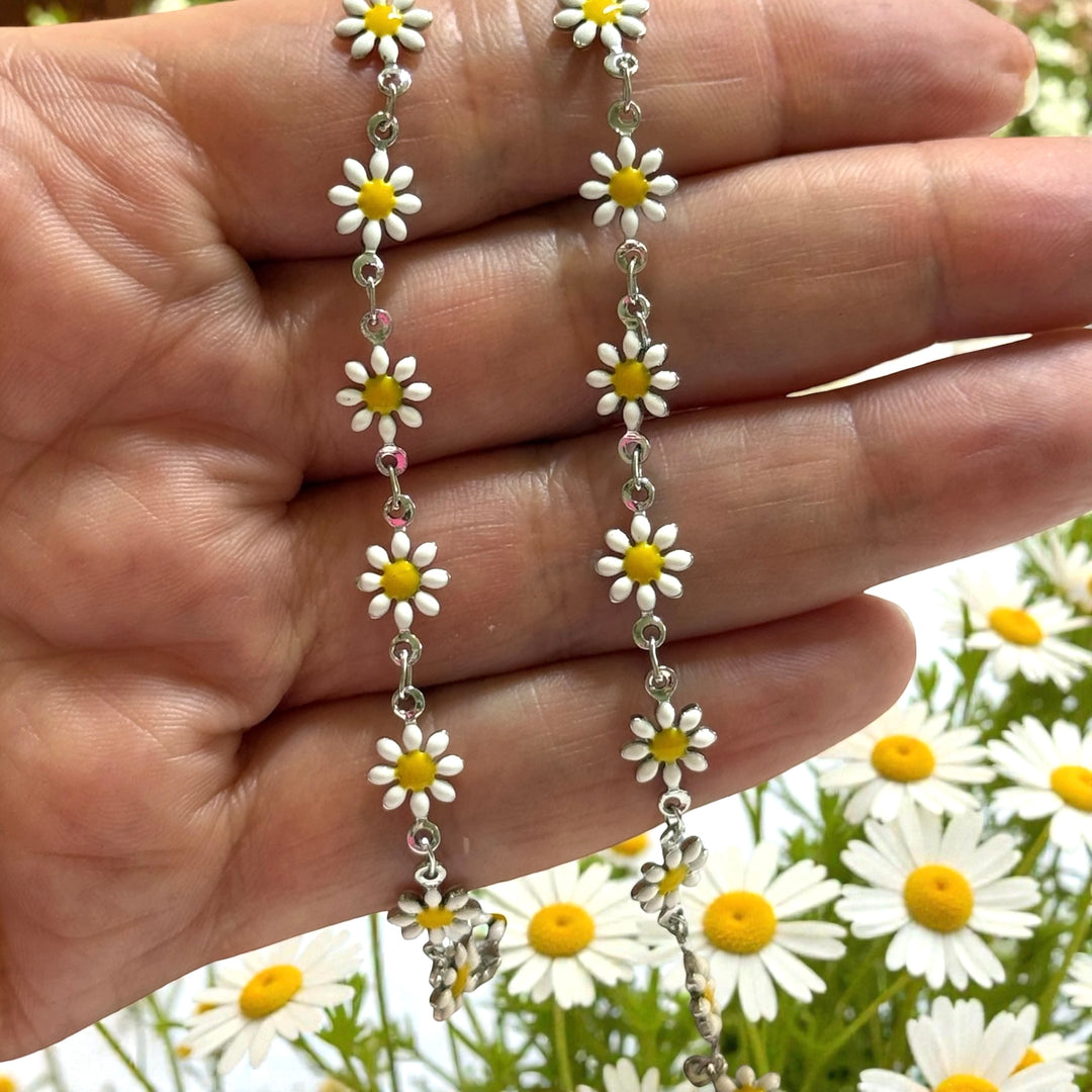 Double-Sided Enamel Daisy Chain – Rhodium Plated Brass White &amp; Yellow Flower Chain, Sold by the Meter