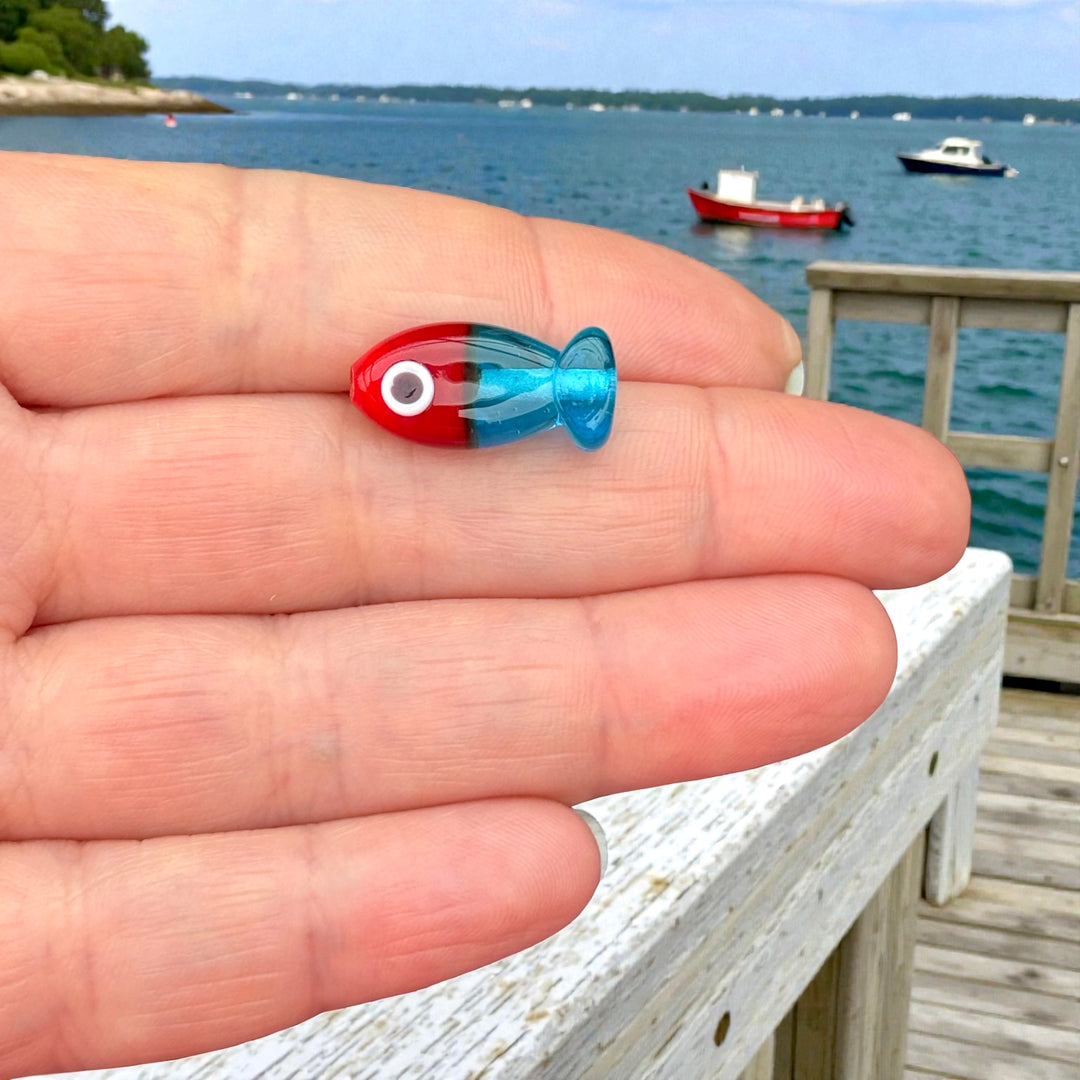 Handmade Murano Glass Fish Charm – Lampwork Fish Bead, Red and Blue Marine Pendant, Ocean Animal Charm, 18x9mm