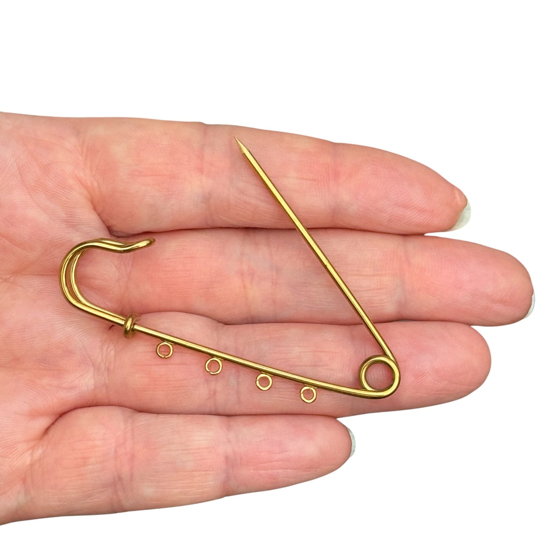 Waterproof Stainless Steel 24Kt PVD Gold Plated Charm Holder Safety Pin – 4 Loop Pendant Connector, 60mm