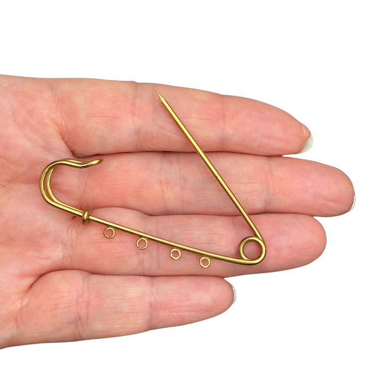 Waterproof Stainless Steel 24Kt PVD Gold Plated Charm Holder Safety Pin – 4 Loop Pendant Connector, 60mm