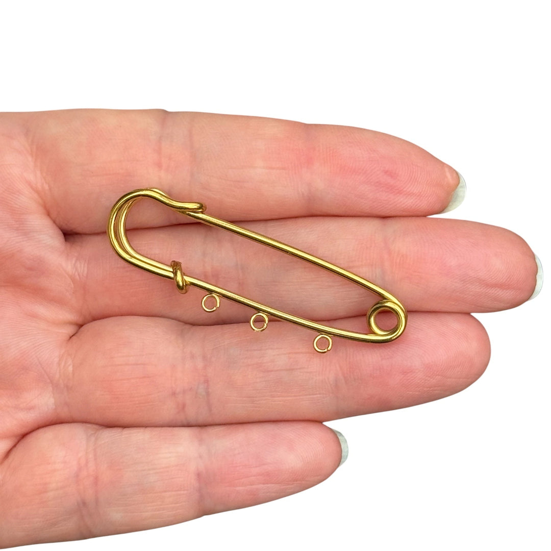 Waterproof Stainless Steel 24Kt PVD Gold Plated Charm Holder Safety Pin – 3 Loop Pendant Connector, 48mm