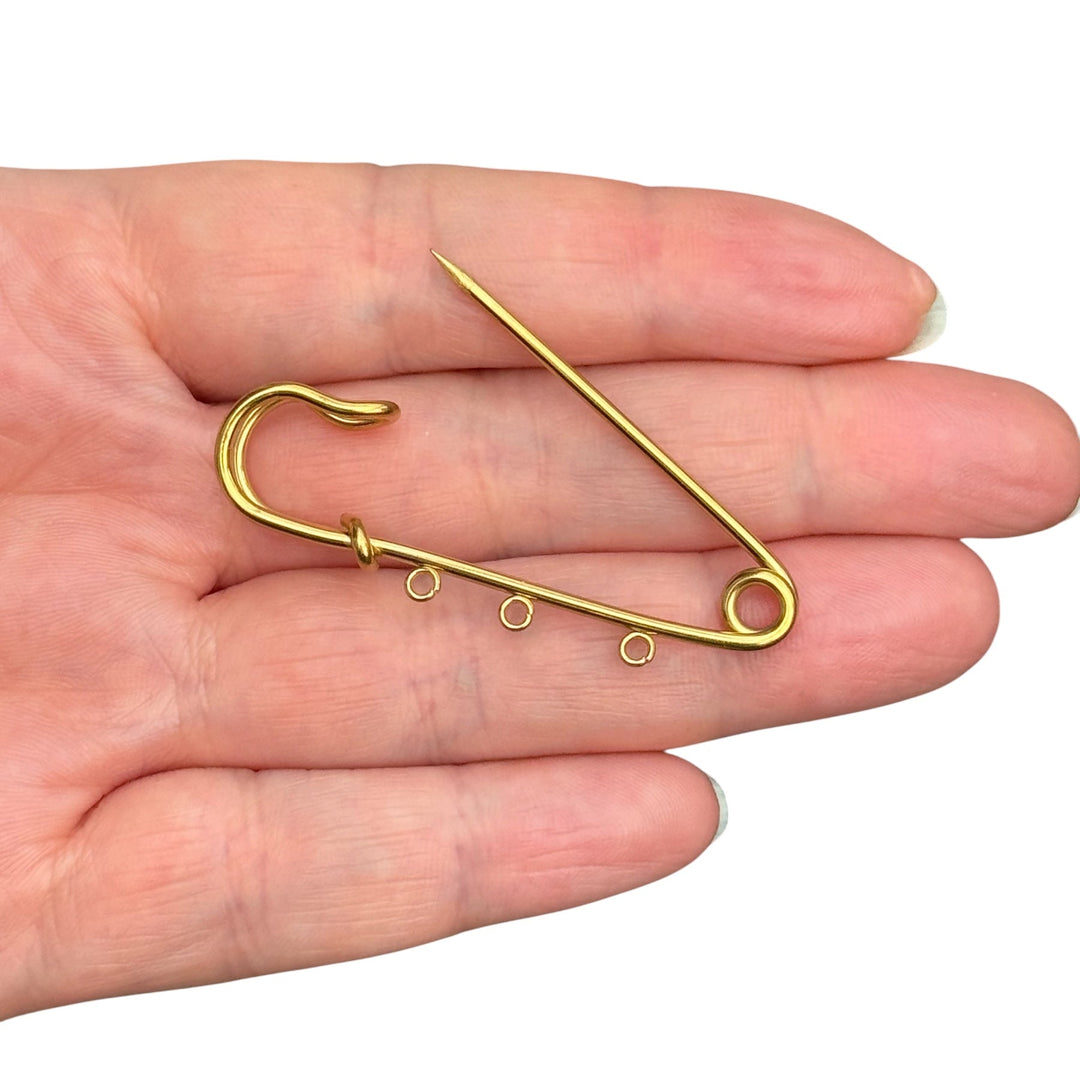 Waterproof Stainless Steel 24Kt PVD Gold Plated Charm Holder Safety Pin – 3 Loop Pendant Connector, 48mm