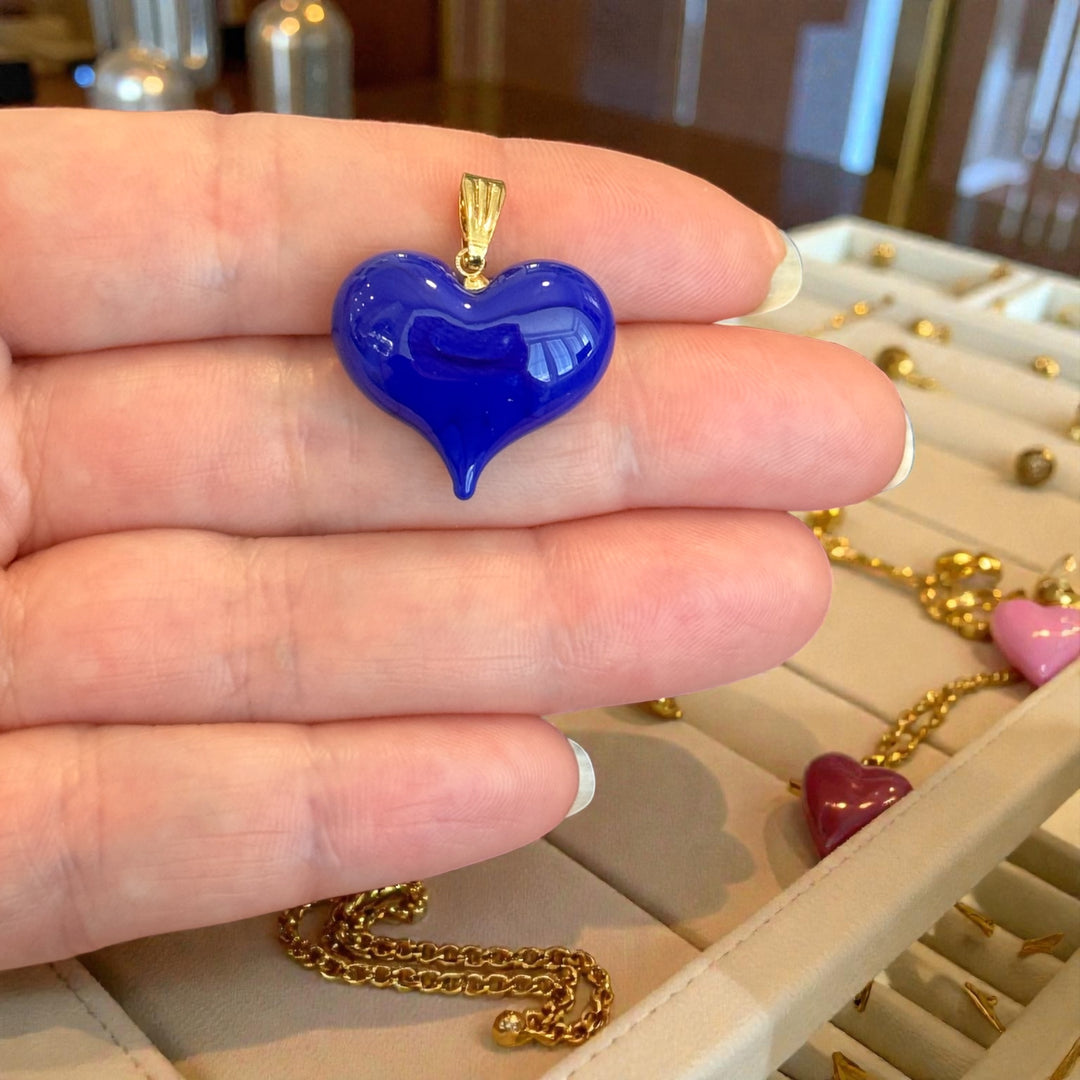 Handmade Murano Glass Heart Pendant – Royal Blue Lampwork Heart Charm with Gold Plated Bail, Puffy Glass Heart, 20x23mm