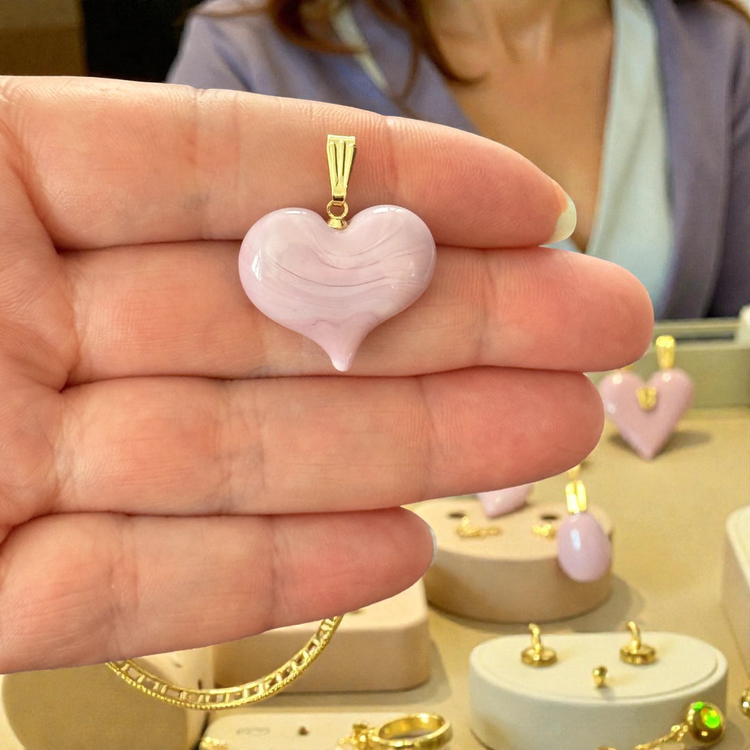 Handmade Murano Glass Heart Pendant – Soft Pink Lampwork Heart Charm with Gold Plated Bail, Puffy Glass Heart, 20x23mm