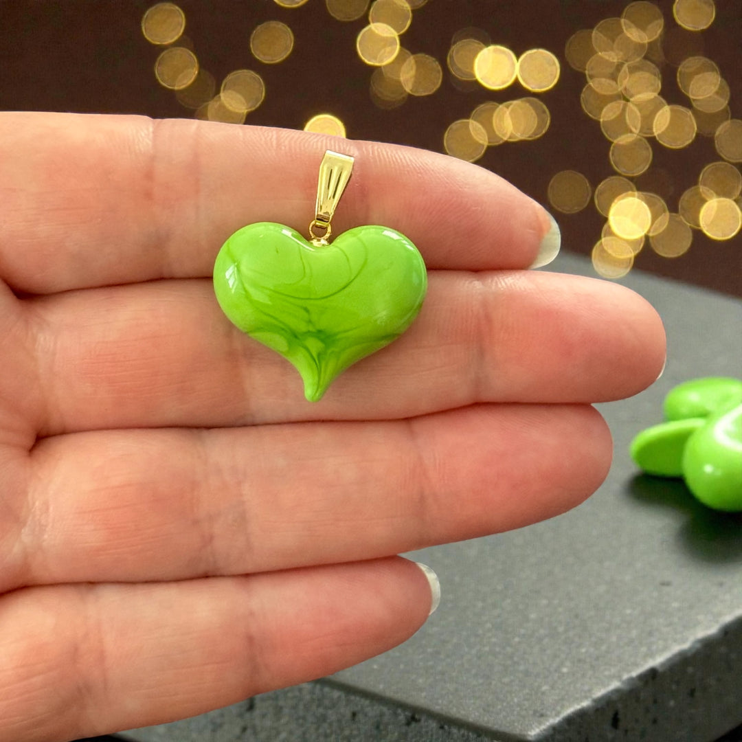 Handmade Murano Glass Heart Pendant – Lime Green Lampwork Heart Charm with Gold Plated Bail, Puffy Glass Heart, 20x23mm
