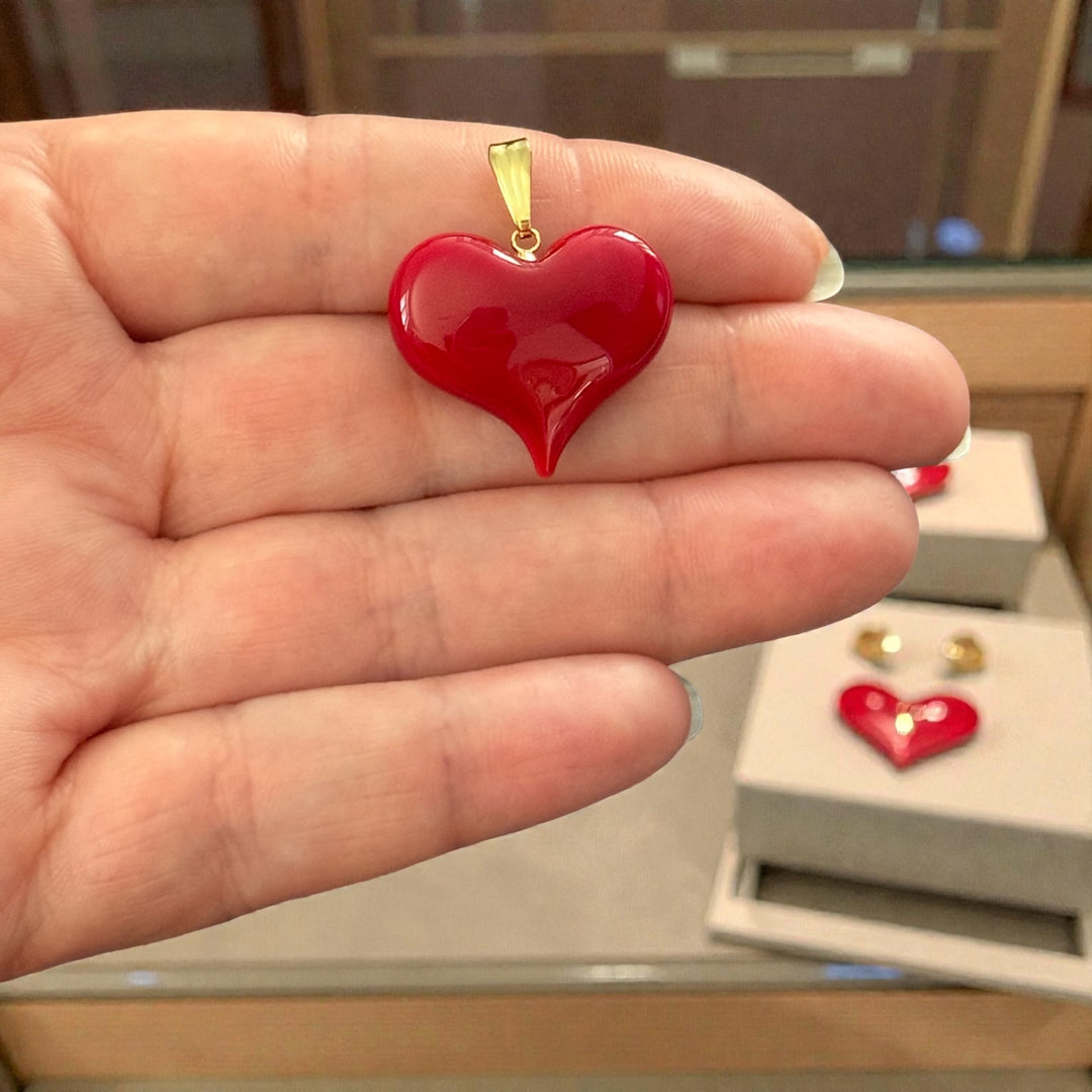 Handmade Murano Glass Heart Pendant – Red Lampwork Heart Charm with Gold Plated Bail, Puffy Glass Heart, 20x23mm