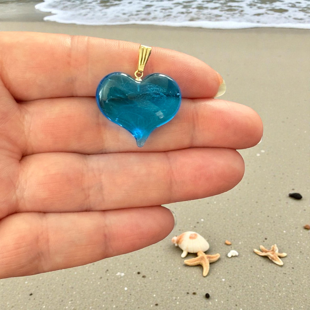 Handmade Murano Glass Heart Pendant – Deep Blue Lampwork Heart Charm with Gold Plated Bail, Puffy Glass Heart, 20x23mm