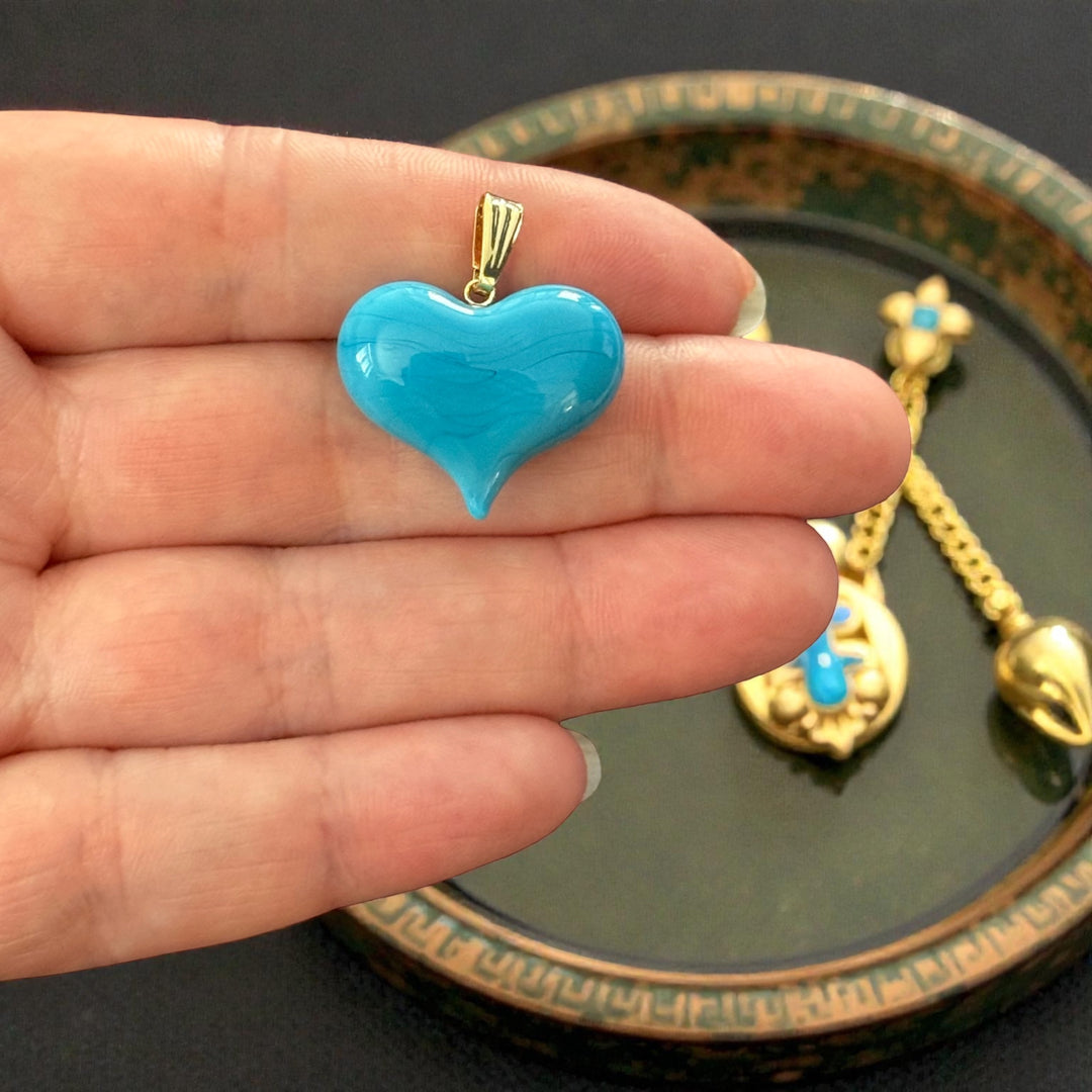 Handmade Murano Glass Heart Pendant – Turquoise Blue Lampwork Heart Charm with Gold Plated Bail, Puffy Glass Heart, 20x23mm