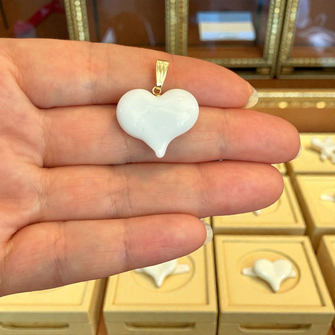 Handmade Murano Glass Heart Pendant – White Lampwork Heart Charm with Gold Plated Bail, Puffy Glass Heart Pendant, 20x23mm