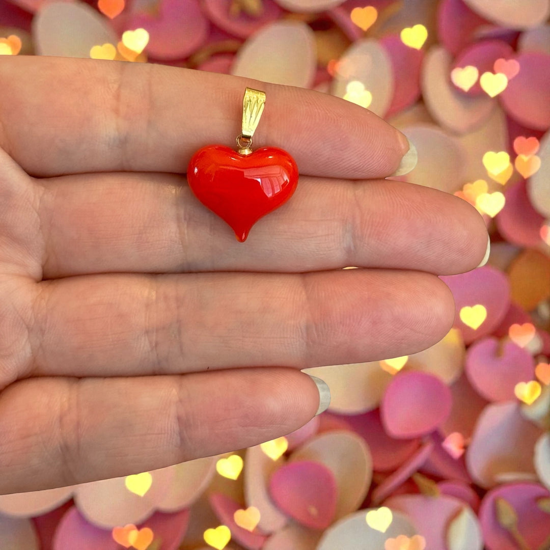 Handmade Murano Glass Heart Pendant – Red Lampwork Heart Charm with Gold Plated Bail, Puffy Glass Heart, 15x15mm