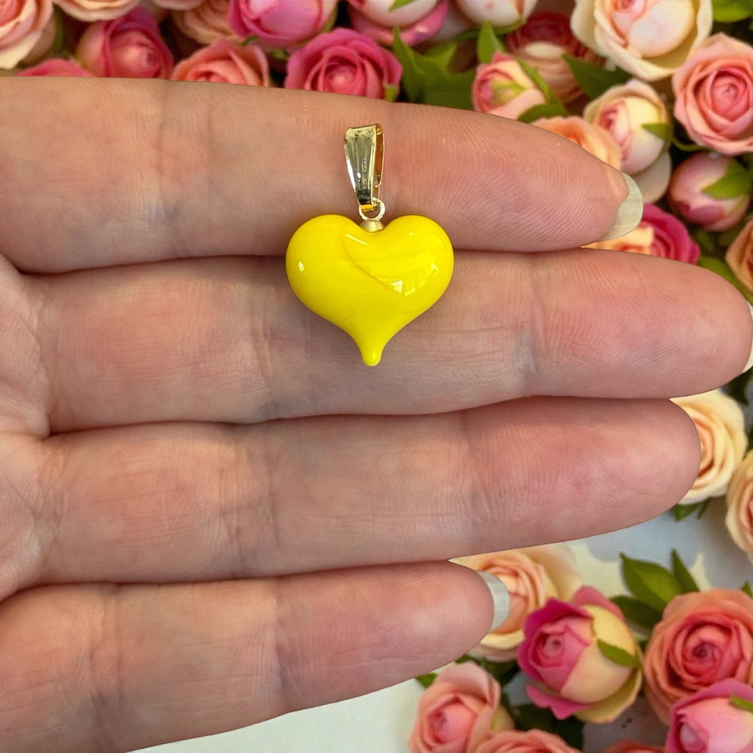 Handmade Murano Glass Heart Pendant – Yellow Lampwork Heart Charm with Gold Plated Bail, Puffy Glass Heart, 15x15mm