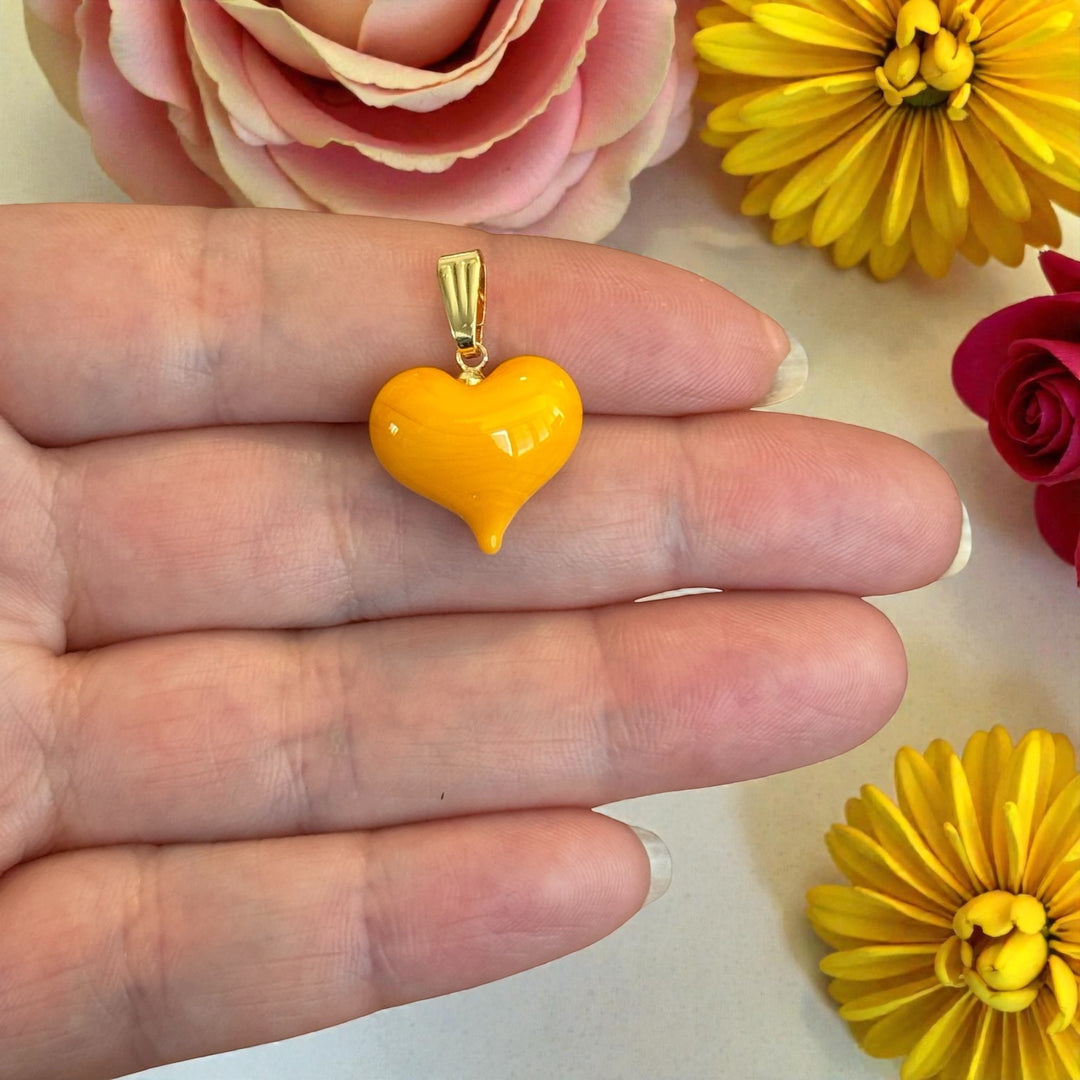 Handmade Murano Glass Heart Pendant – Orange Lampwork Heart Charm with Gold Plated Bail, Puffy Glass Heart, 15x15mm