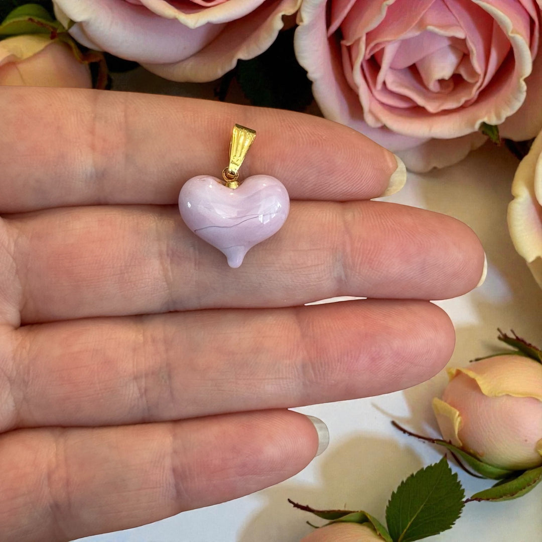 Handmade Murano Glass Heart Pendant – Soft Pink Lampwork Heart Charm with Gold Plated Bail, Puffy Glass Heart, 15x15mm