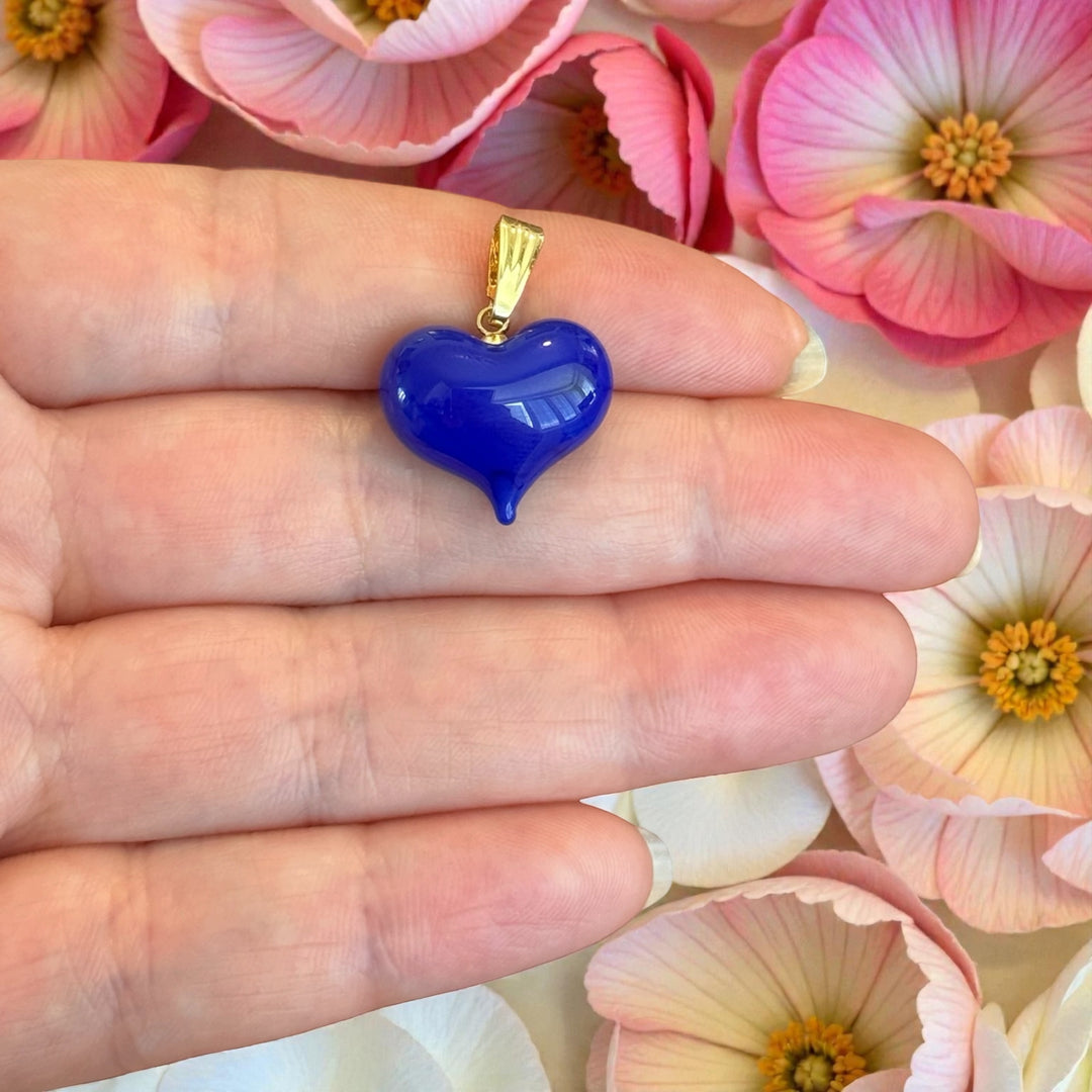 Handmade Murano Glass Heart Pendant – Royal Blue Lampwork Heart Charm with Gold Plated Bail, Puffy Glass Heart, 15x15mm