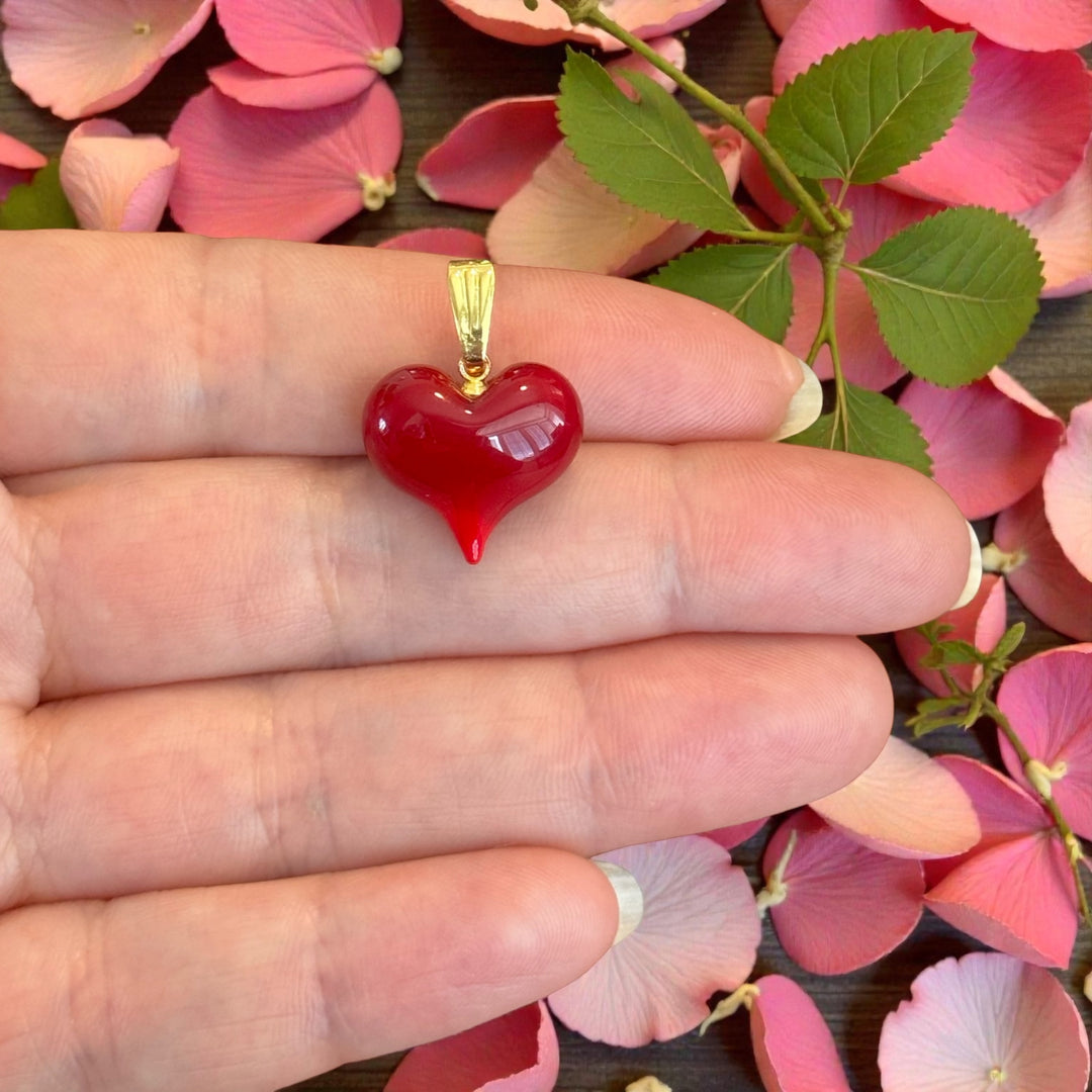 Handmade Murano Glass Heart Pendant – Red Lampwork Heart Charm with Gold Plated Bail, Puffy Glass Heart, 15x15mm