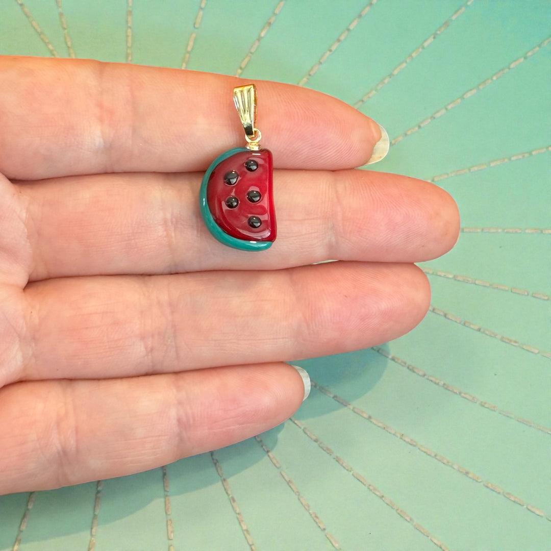 Handmade Murano Glass Watermelon Charm – Lampwork Fruit Pendant, Red Watermelon Slice Bead, Summer Jewellery Charm