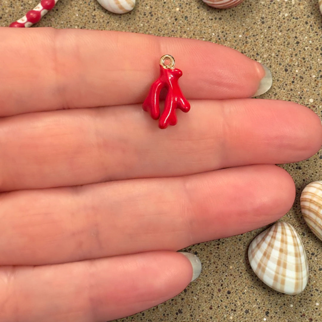 24Kt Gold Plated Red Coral Branch Charm – Enamel Ocean Pendant, Mini Sea Coral Charm