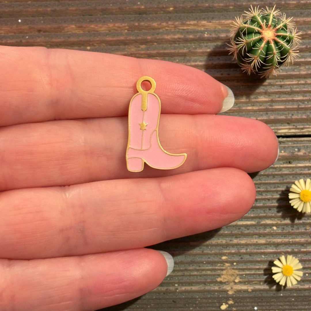 Waterproof Stainless Steel PVD Gold Plated Pink Cowboy Boot Charm – Enamel Western Pendant, Tarnish Resistant Cowgirl Charm