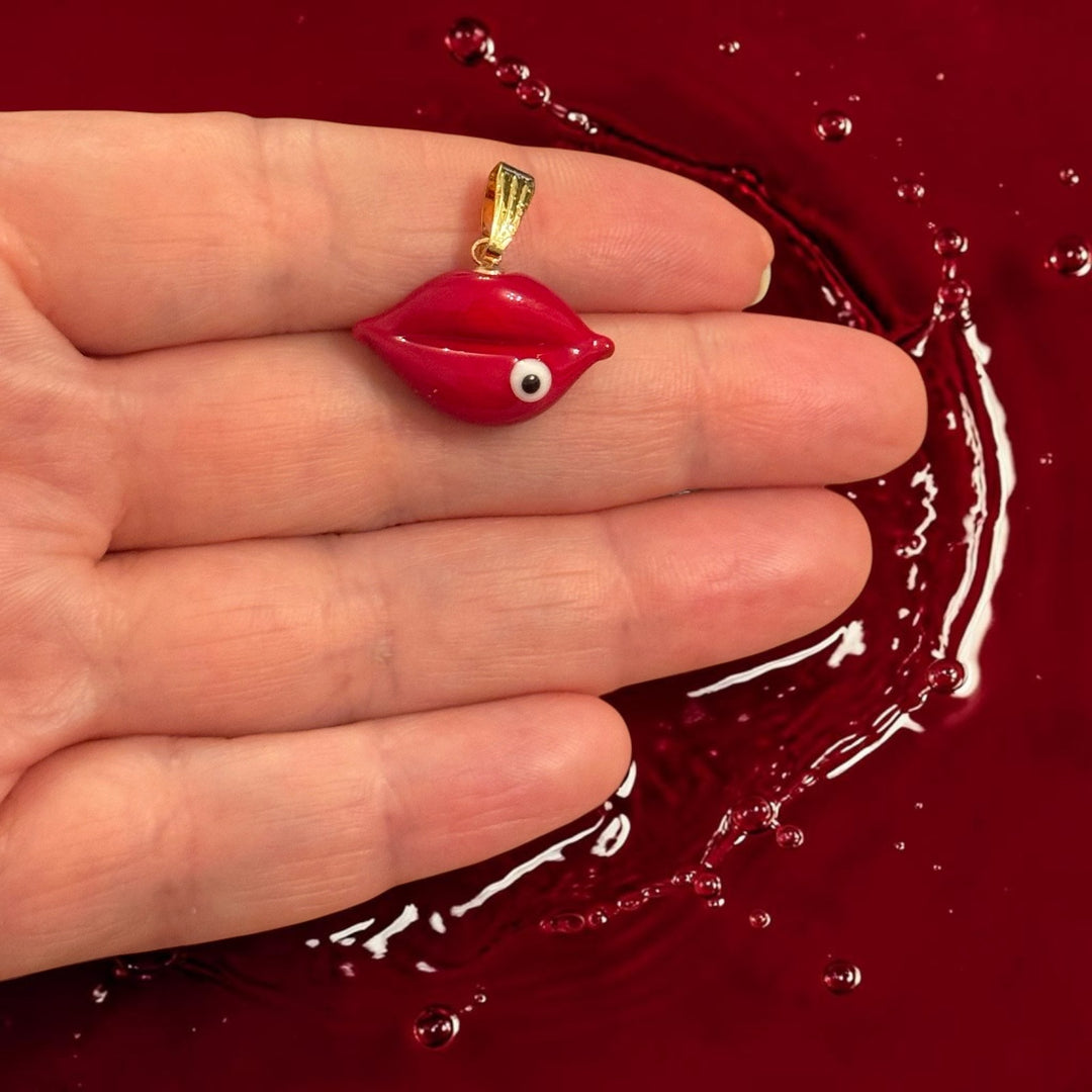 24Kt Gold Plated Cherry Kiss Murano Glass Pendant – Handmade Red Glass Lips Charm