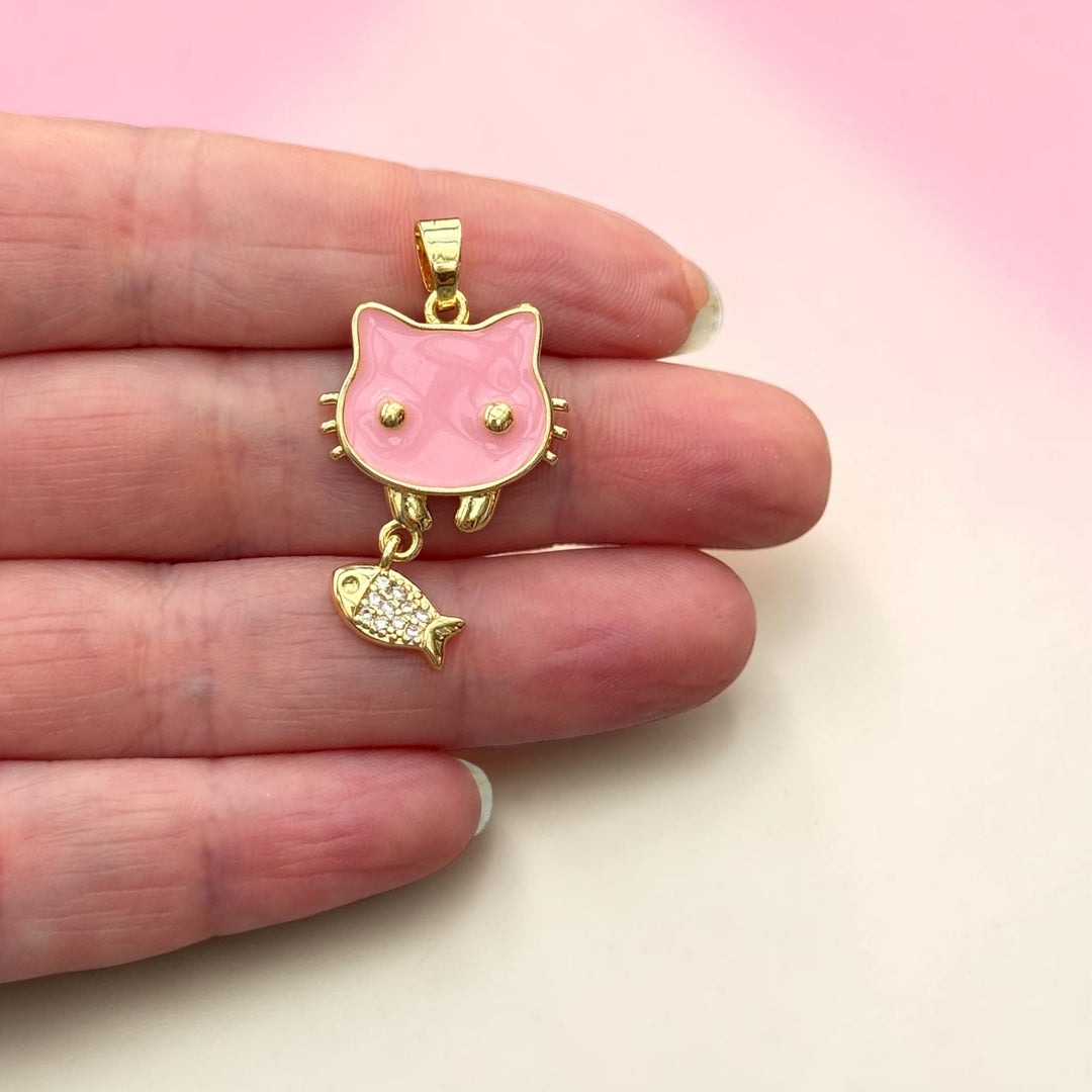 24Kt Gold Plated Pink Enamel Cat &amp; CZ Fish Pendant – Cute Cat Charm with Fish Dangle, 35x21mm