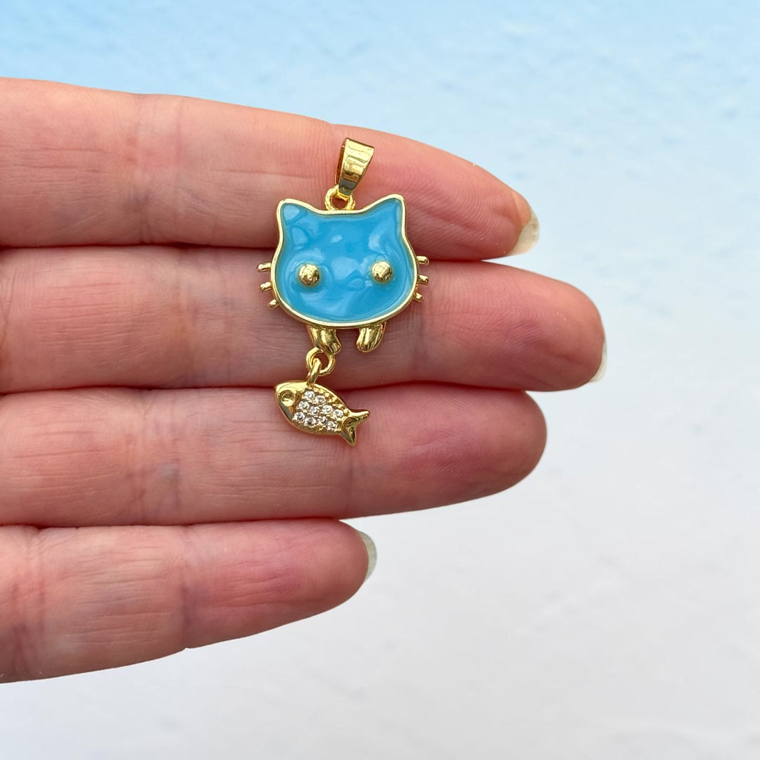 24Kt Gold Plated Sky Blue Enamel Cat &amp; CZ Fish Pendant – Cute Cat Charm with Fish Dangle, 35x21mm