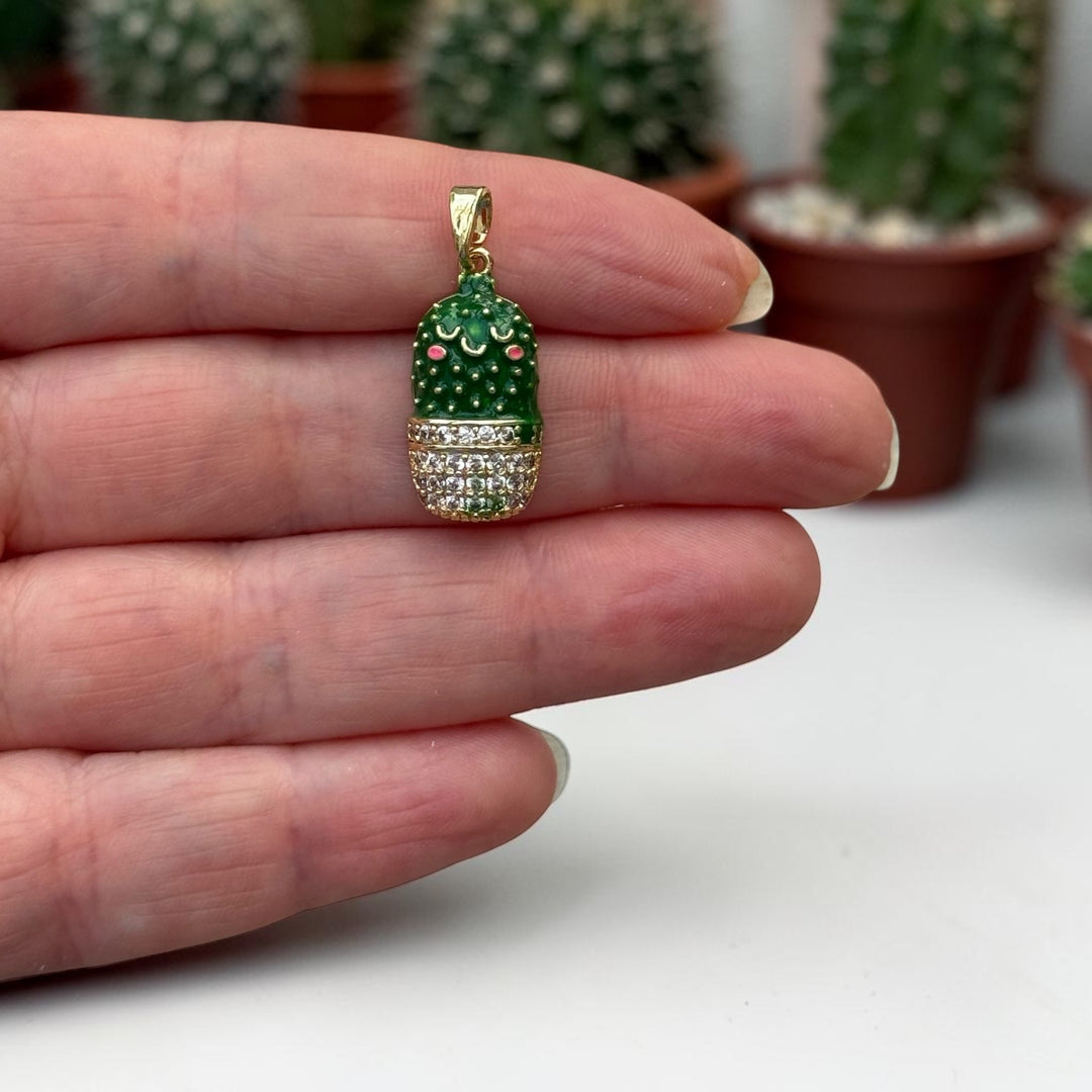 24Kt Gold Plated Kawaii Cactus Pendant – Green Enamel &amp; CZ Smiling Succulent Charm, 26x11mm