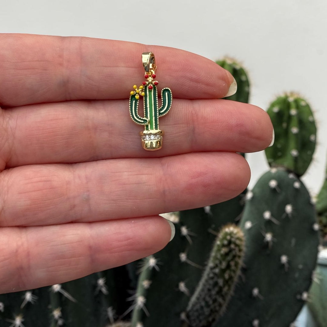 24Kt Gold Plated Blooming Cactus Pendant – Green Enamel &amp; CZ Potted Cactus Charm, 26x12mm