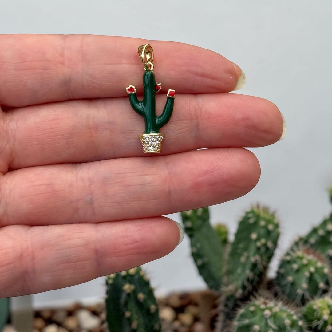 24Kt Gold Plated Potted Cactus Pendant – Green Enamel &amp; CZ Desert Plant Charm, 28x12mm
