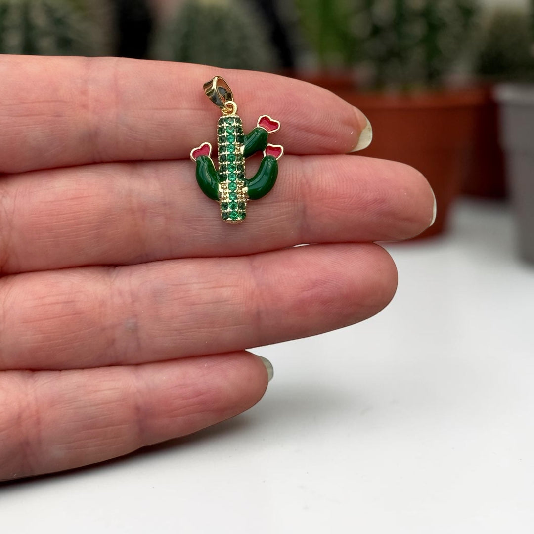 24Kt Gold Plated Green Enamel &amp; CZ Cactus Pendant – Desert Cactus Charm, 25x15mm