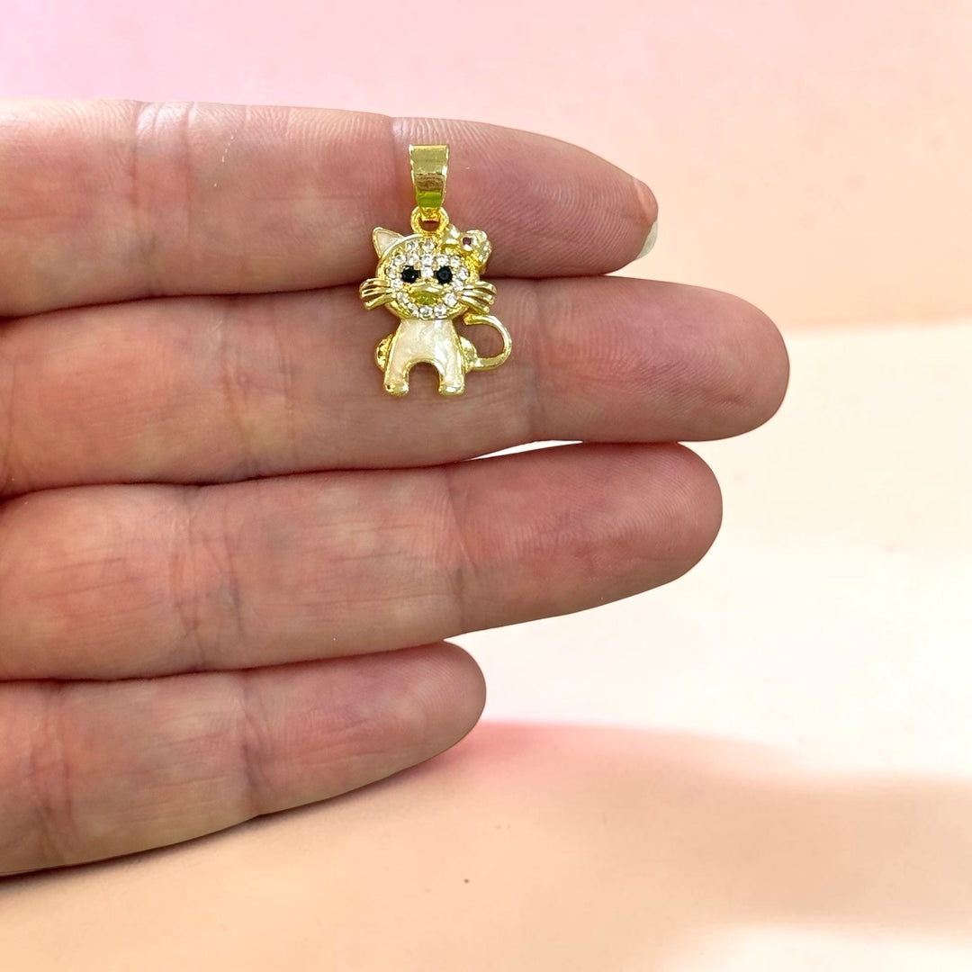 24Kt Gold Plated White Enamel Kitty Pendant with CZ Face – Cute Cat Charm, 21x14mm
