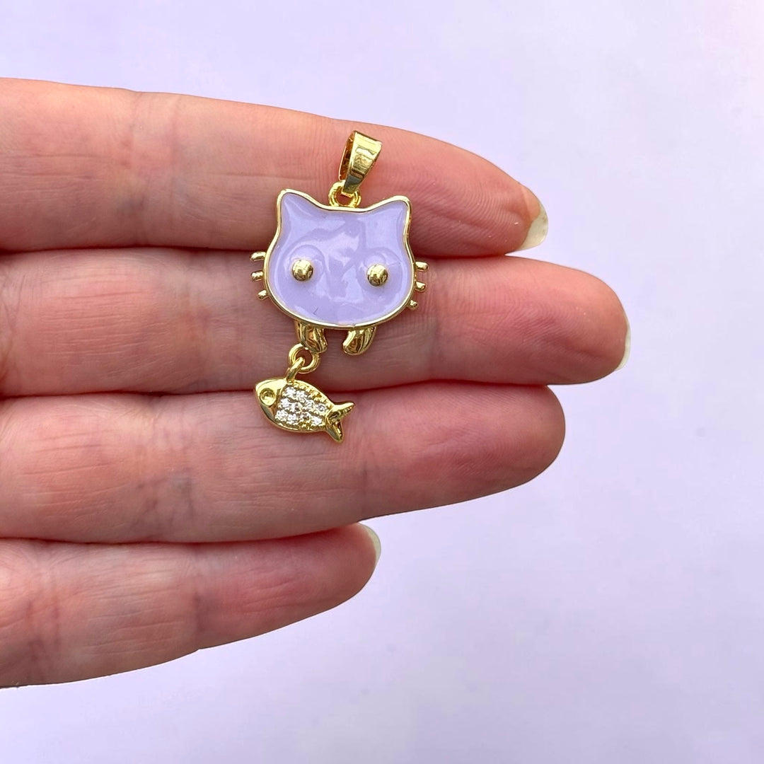 24Kt Gold Plated Lavender Enamel Cat &amp; CZ Fish Pendant – Cute Cat Charm with Fish Dangle, 35x21mm