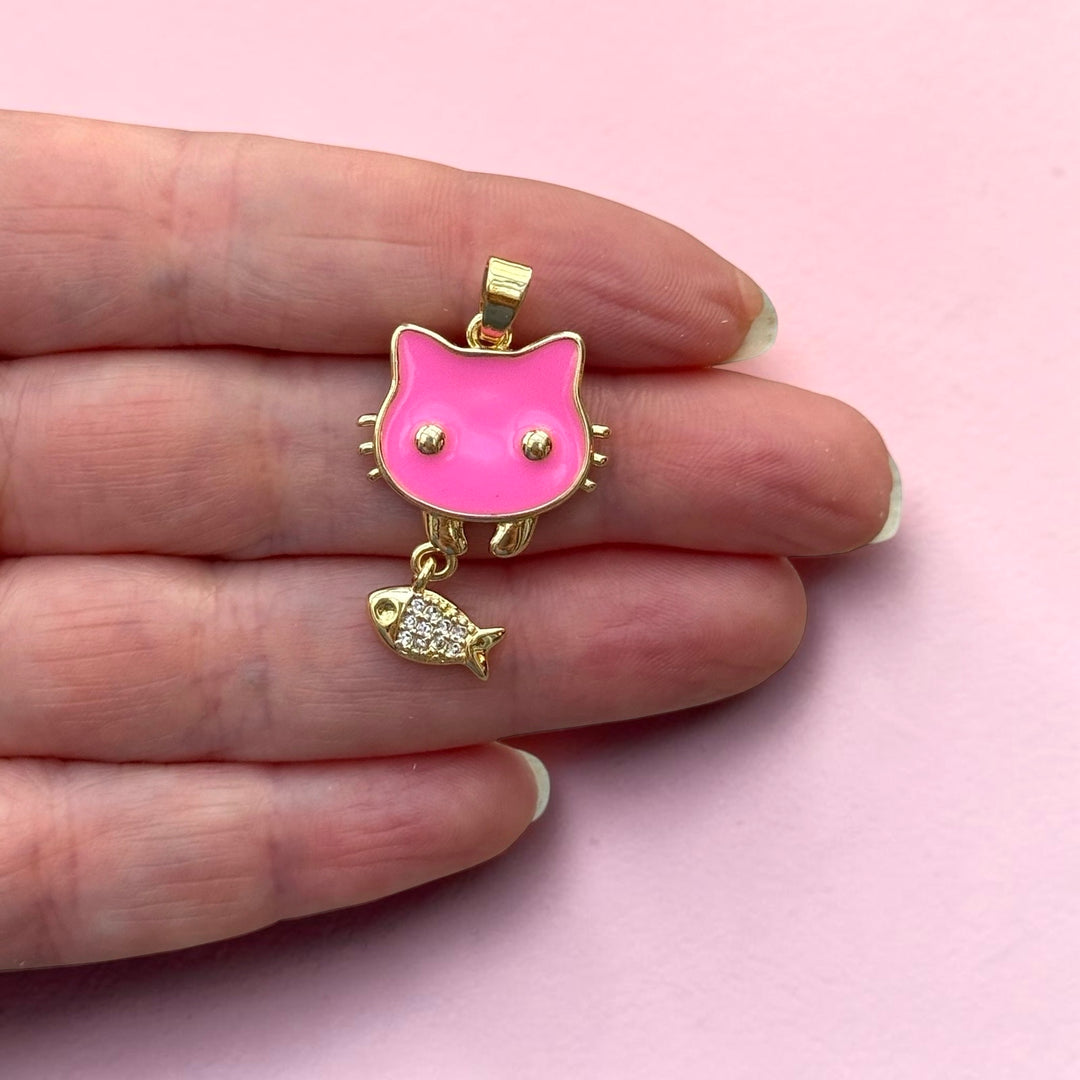 24Kt Gold Plated Hot Pink Enamel Cat &amp; CZ Fish Pendant – Cute Cat Charm with Fish Dangle, 35x21mm