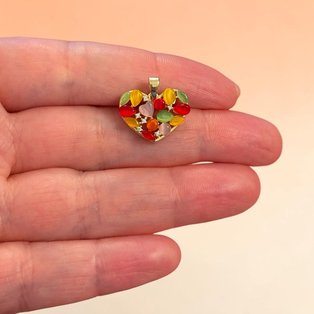 24Kt Gold Plated Colourful Heart Pendant – Frosted Bead &amp; CZ Heart Charm, 17x18mm