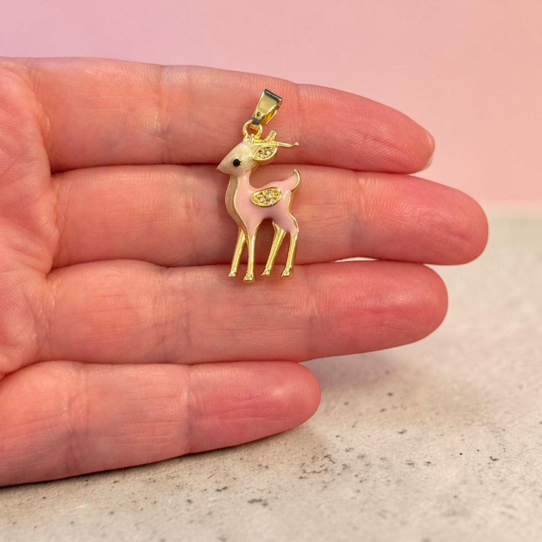 24Kt Gold Plated Pink Deer Pendant – Pink Enamel &amp; CZ Fawn Charm, 32x13mm