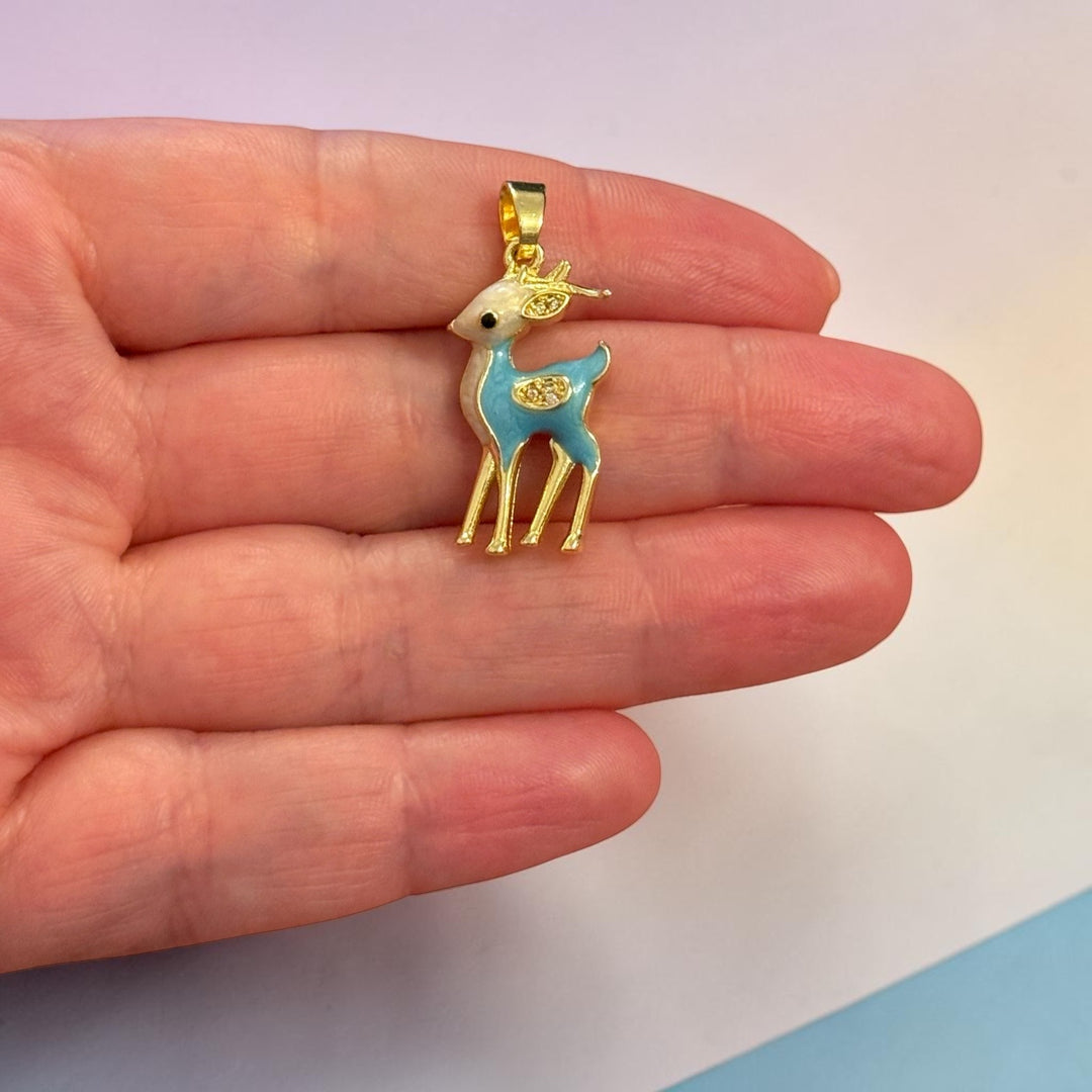 24Kt Gold Plated Blue Deer Pendant – Blue Enamel &amp; CZ Fawn Charm, 32x13mm