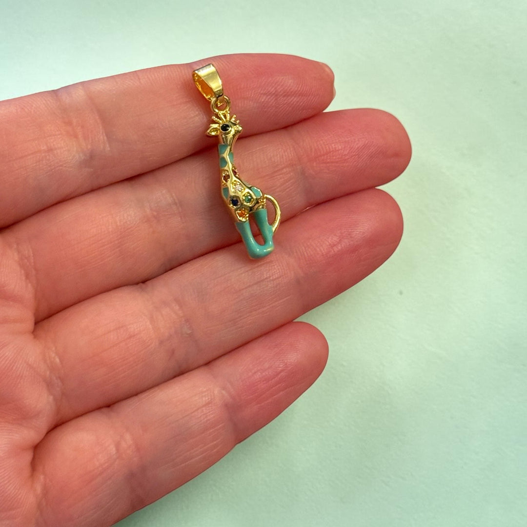 24Kt Gold Plated Enamel Giraffe Pendant – Blue Giraffe Charm with CZ, Animal Pendant, 33x8mm