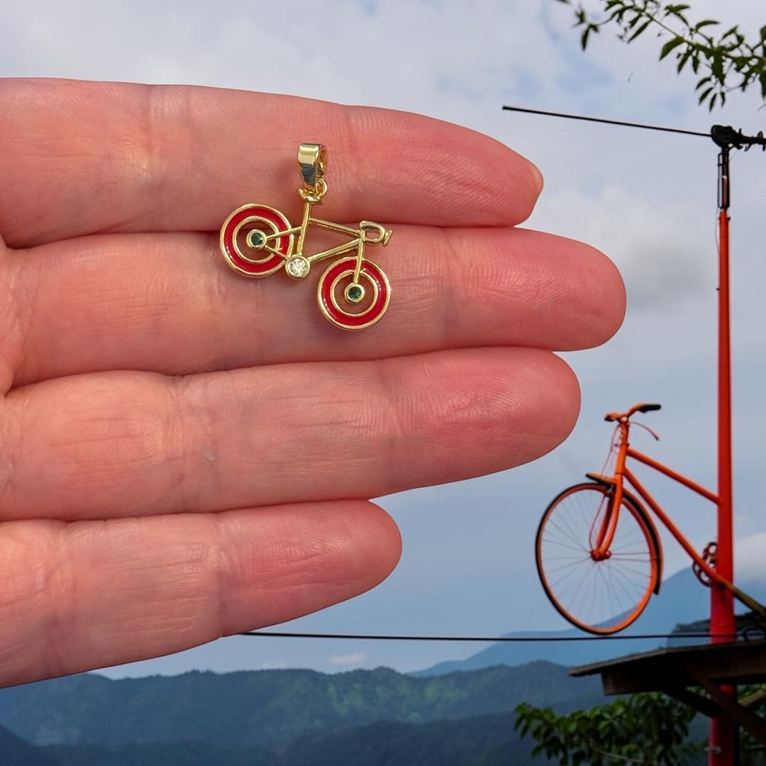 24Kt Gold Plated Bicycle Pendant – Red Enamel Bike Charm with CZ, 18x22mm