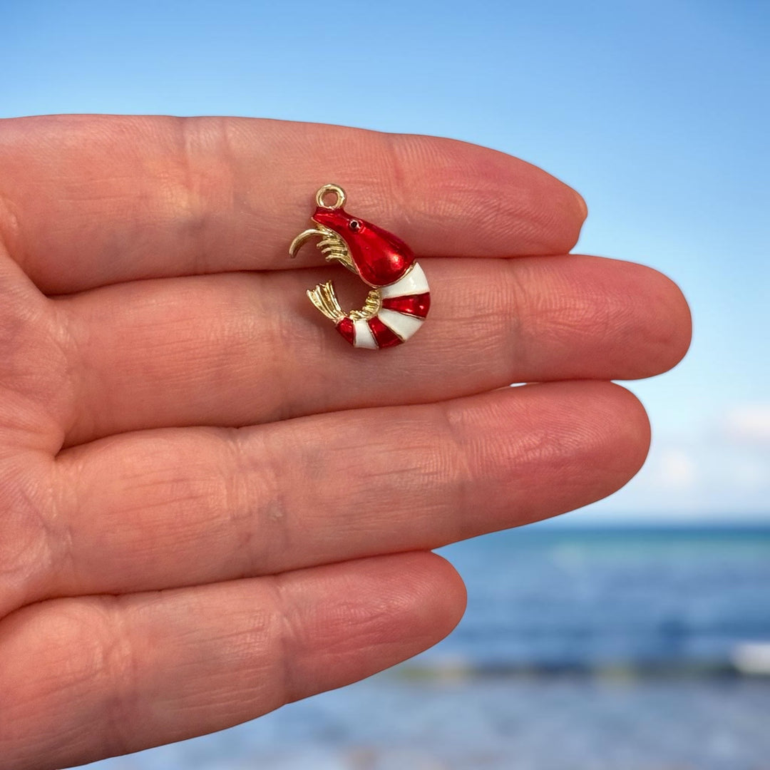 24Kt Gold Plated 3D Red &amp; White Enamel Shrimp Pendant – Nautical Prawn Charm, 19x12mm