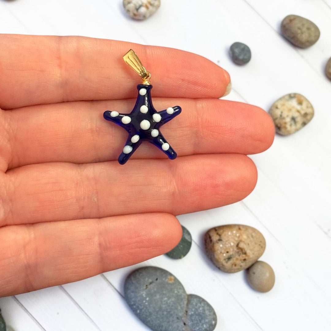 Hand Made Murano Glass Navy Starfish Charm with 24Kt Gold Plated Pin&amp;Bail