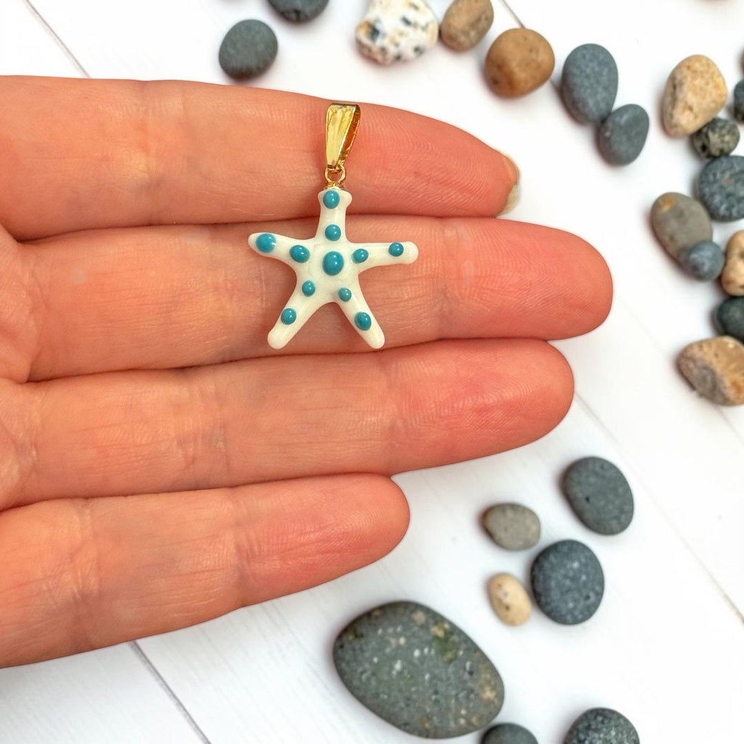 Hand Made Murano Glass White Starfish Charm with 24Kt Gold Plated Pin&amp;Bail