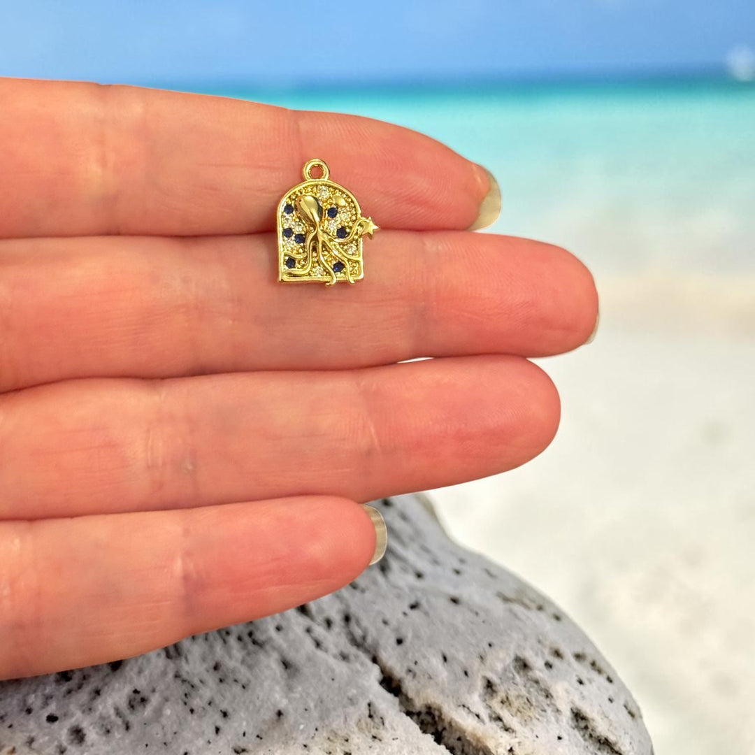 24Kt Gold Plated Brass Octopus Charm with Cubic Zirconia, Ocean Pendant, Sea Life Jewellery Charm