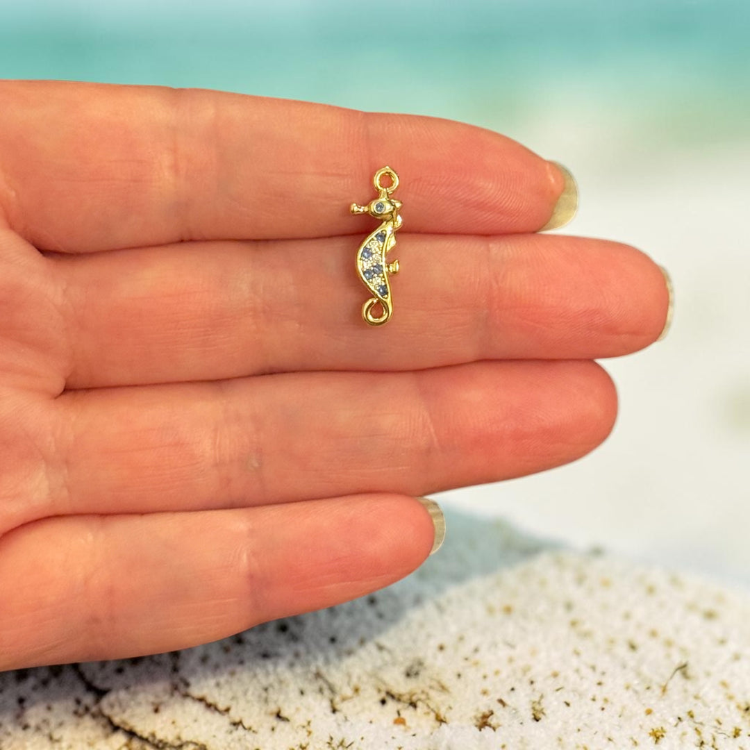 24Kt Gold Plated Brass Seahorse Connector Charm with Cubic Zirconia, Ocean Jewellery Connector