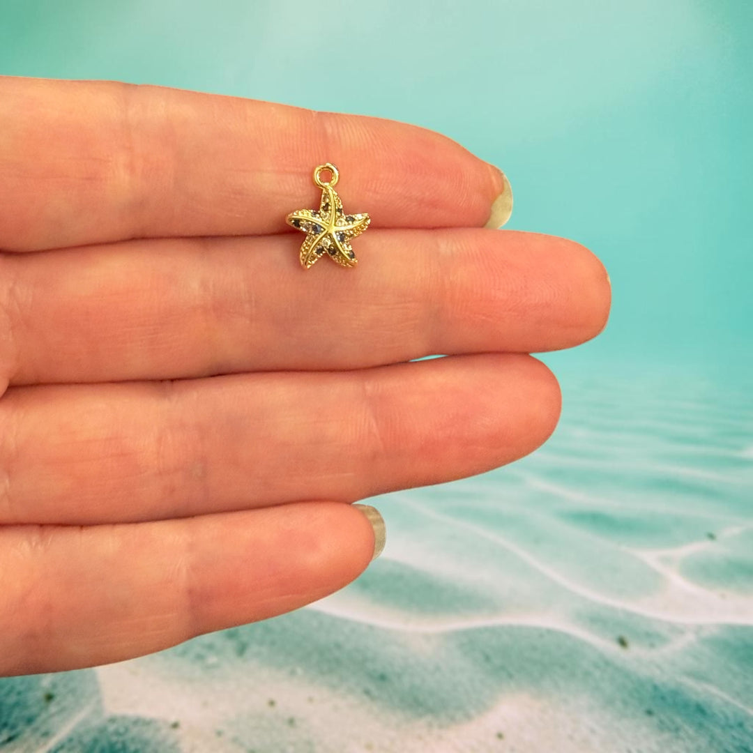 24Kt Gold Plated Brass Starfish Charm with Cubic Zirconia, Sea Star Pendant, Ocean Jewellery Charm